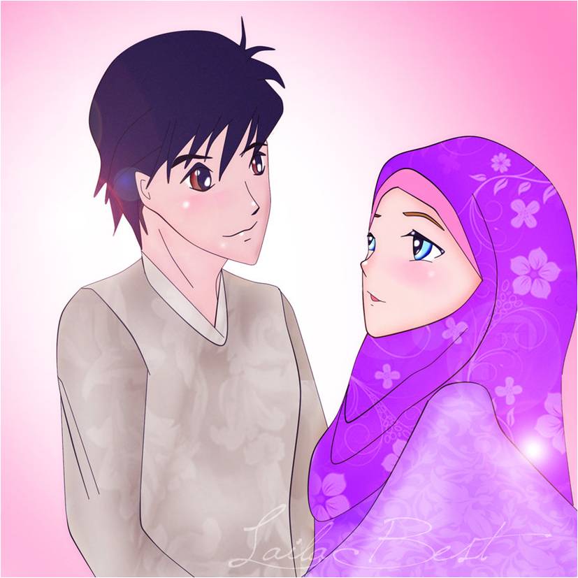 gambar kartun muslimah couple romantis terpisah